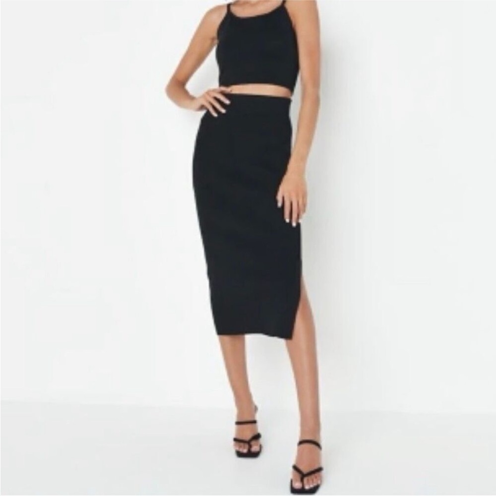 House of Harlow 1960 Black Ribbed Knit Midi Pencil Skirt Side Slit Bodycon‎ S